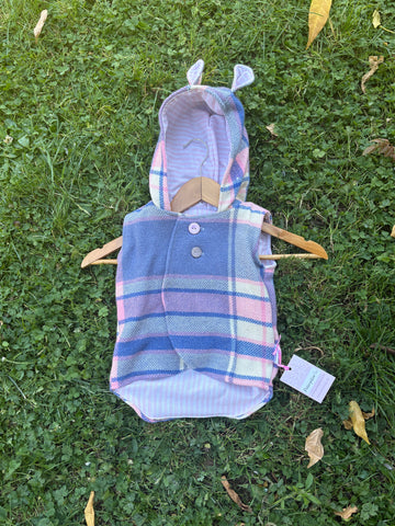 Size 0 Blue, pink and white tartan with pink and white stripes and teddy ears