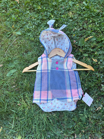 Size 00 Pink, blue and white tartan with teeny white floral and teddy ears