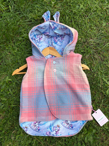 Size 3 Pink, cream and blue tartan with blue unicorns and bunny ears