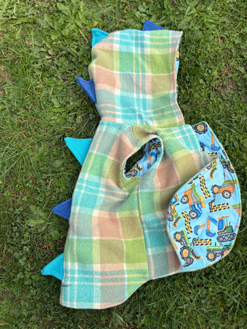 Size 3 Green, blue, brown and cream tartan with teal tractors and dinosaur spikes