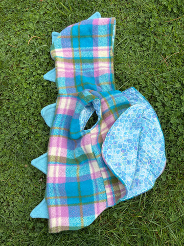 Size 3 Blue, cream, green, purple and brown tartan with light blue scales and dinosaur spikes