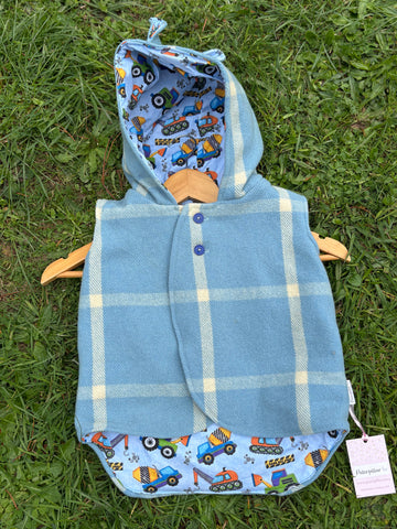 Size 2 Blue and cream tartan with diggers and teddy bear ears