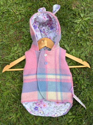 Size 000 Pink, blue and cream tartan with pink and purple floral and teddy ears