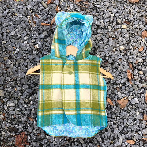 Teal, olive green and cream tartan wool vest