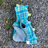 Teal, blue and white tartan wool vest